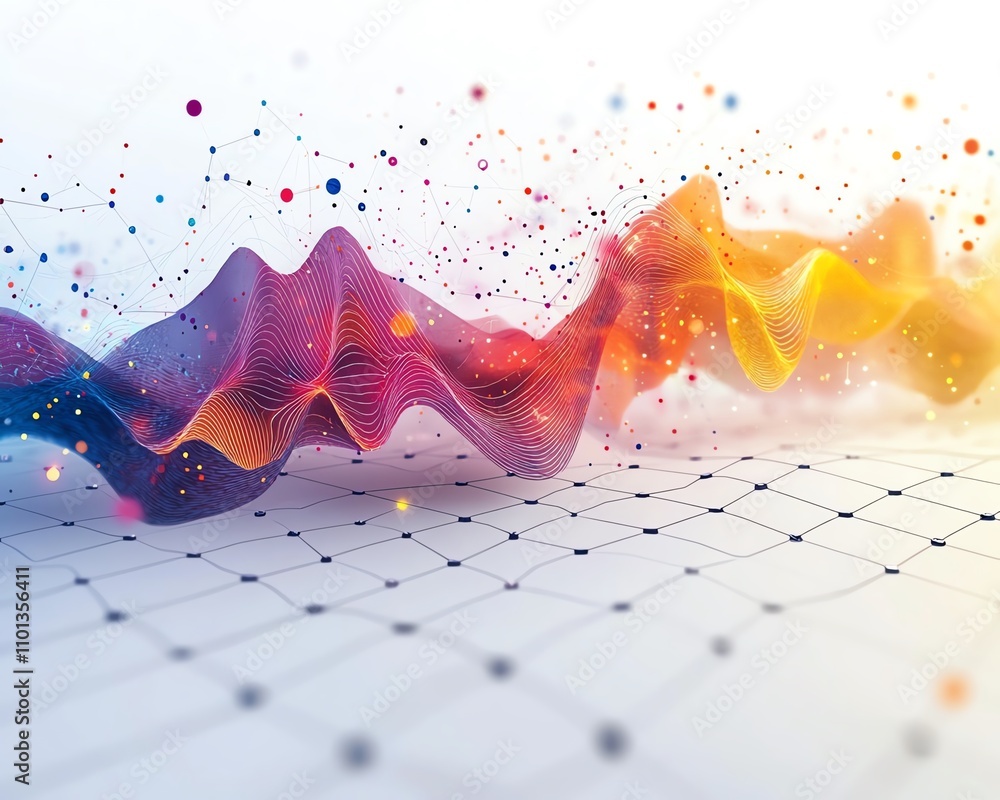 Poster colorful abstract financial chart with dynamic data points and an analytical graph, sleek white back
