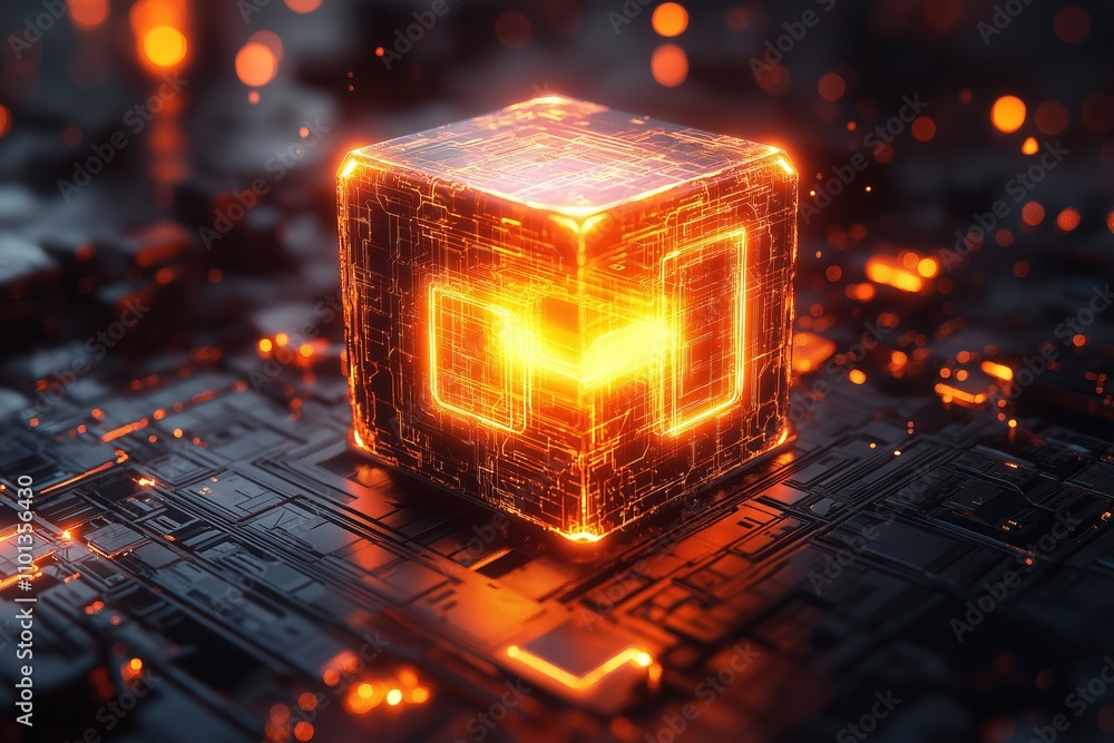 Poster futuristic glowing cube amidst a complex circuit background with intricate patterns