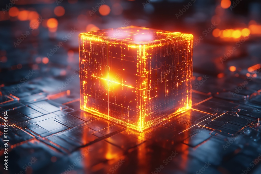 Poster illuminated cube showcasing advanced technology in a futuristic environment