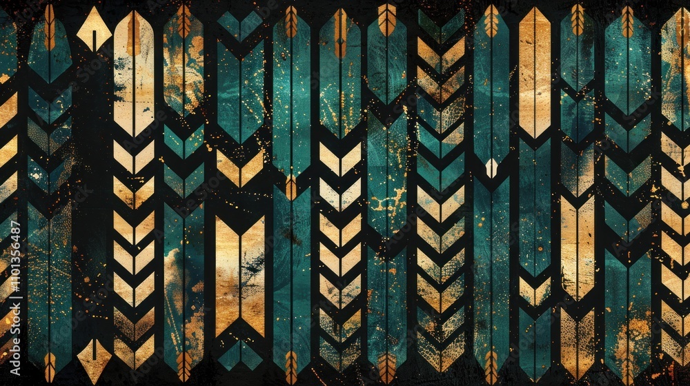 Poster a stylized geometric pattern with arrows and a textured background in teal and gold tones.