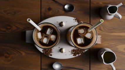 Fototapeta premium Top view of fresh ice coffee in glasses with straws and coffee grains on wooden table