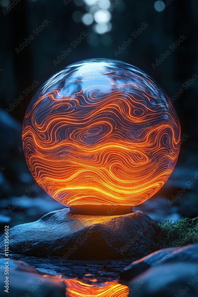Poster beautiful glowing orb with swirling patterns illuminates a tranquil forest setting at dusk