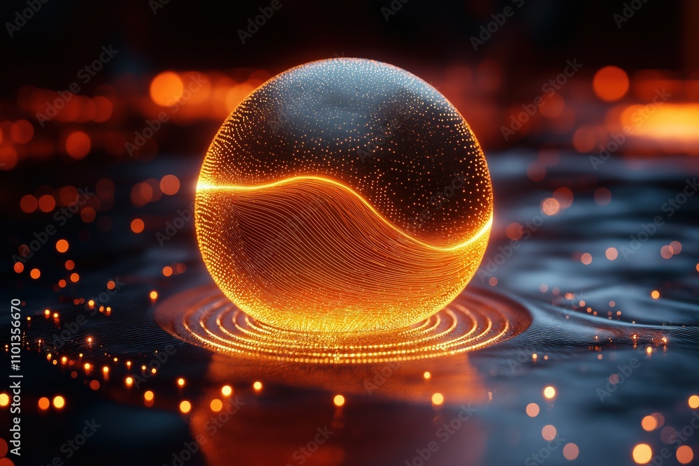 Poster glowing sphere with dynamic waves in a dark setting creates a captivating scene
