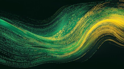 Dynamic stream of binary code in green and yellow, symbolizing data transfer and technology