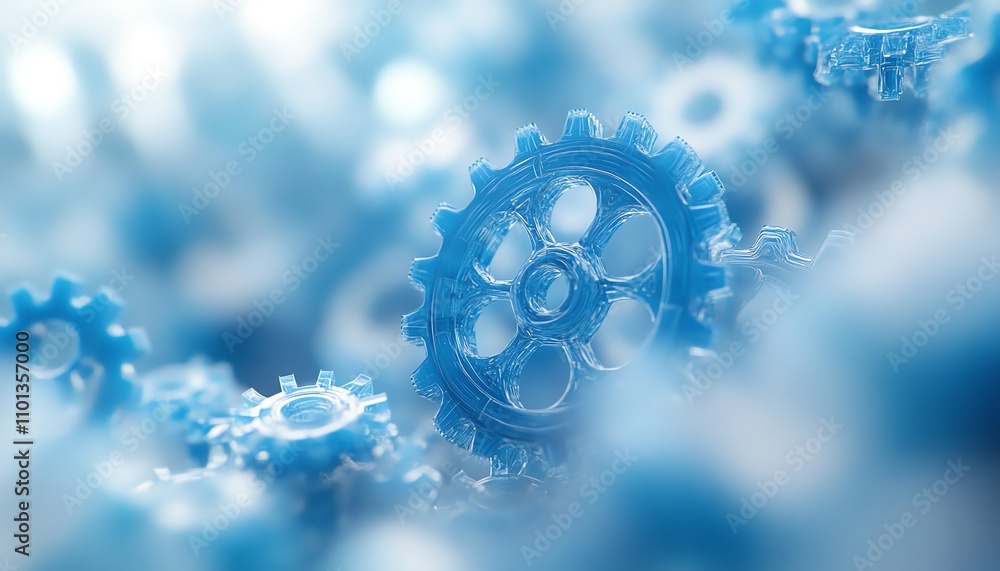 Poster futuristic blue gears arranged on a white background, symbolizing complex technology and interconnec