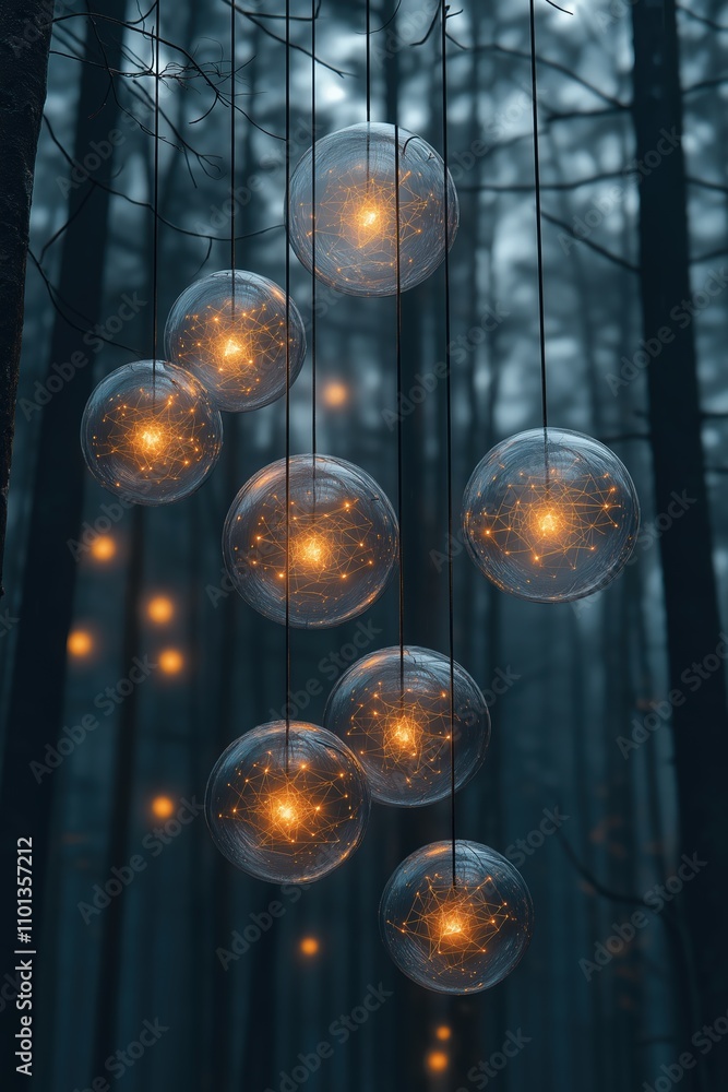Poster magical glowing orbs suspended in a misty forest creating an enchanting atmosphere