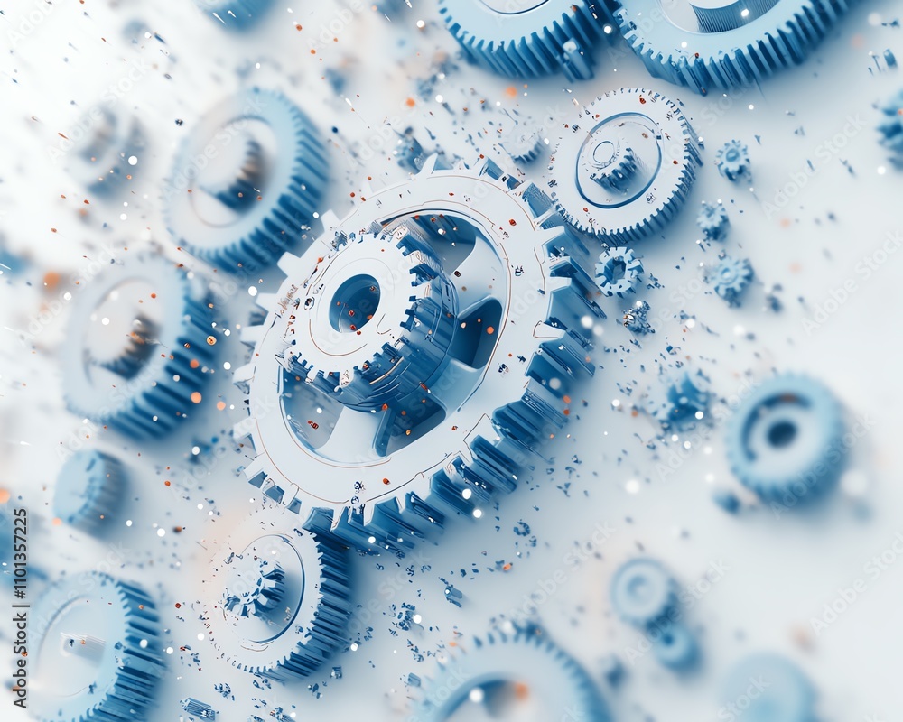 Poster interlocking blue gears on a light white backdrop, showcasing the concept of technology and intercon