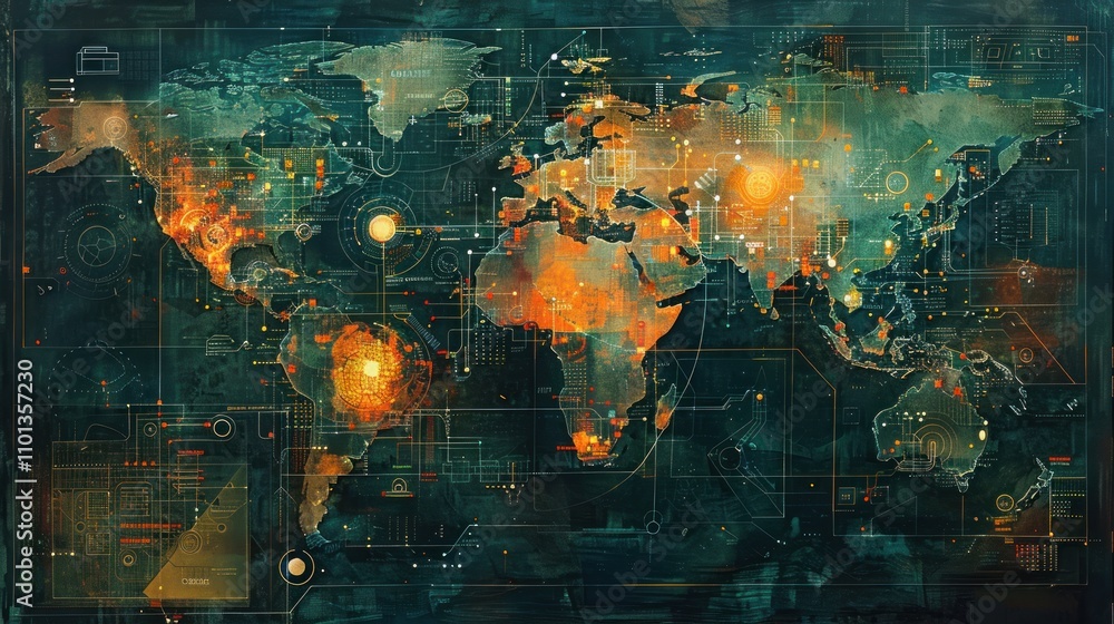 Poster a stylized world map with digital elements and glowing effects, suggesting technology and data.