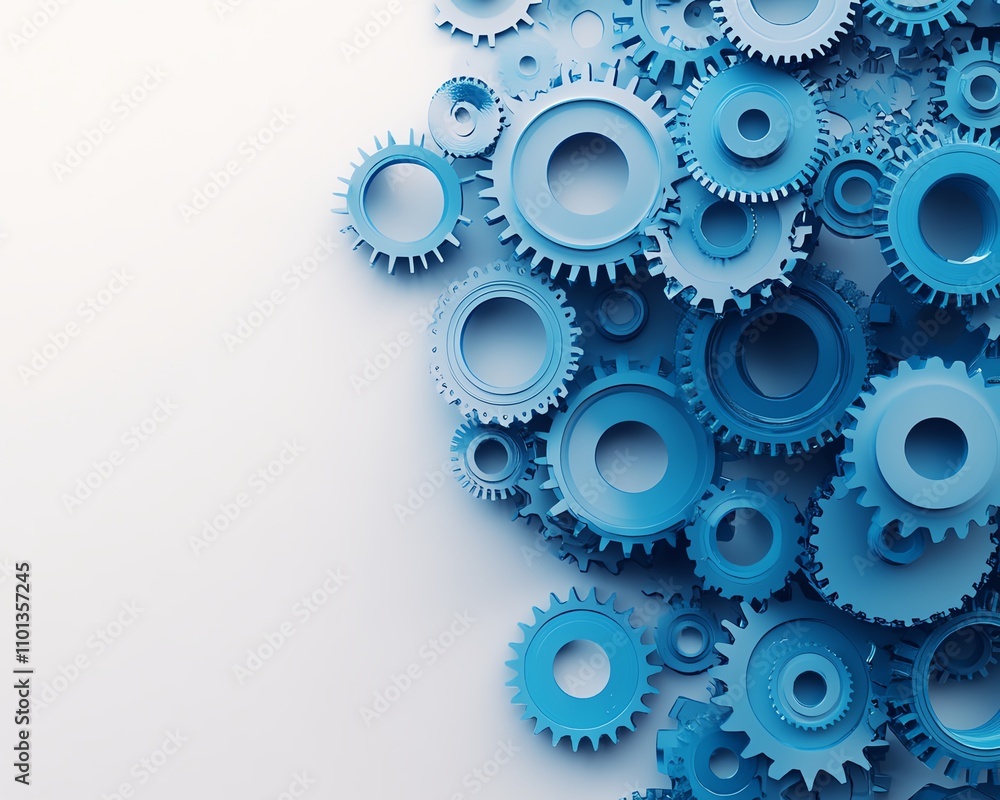 Poster interlocking blue gears on a light white backdrop, showcasing the concept of technology and intercon