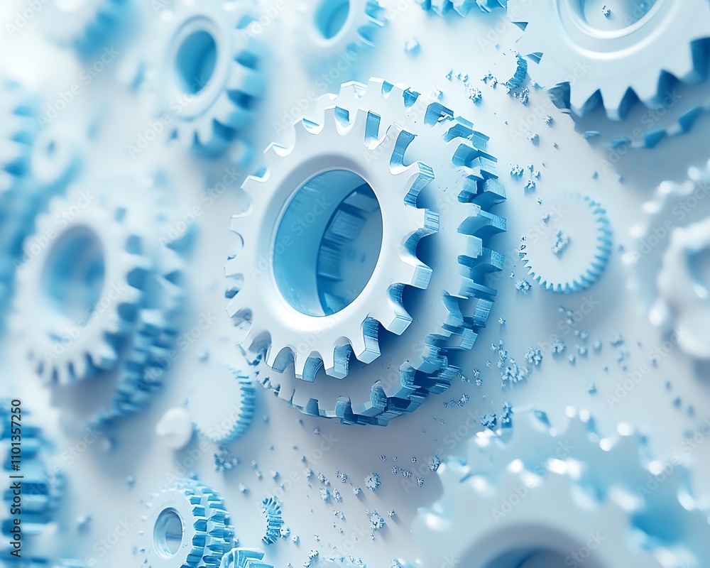 Poster interlocking blue gears on a light white backdrop, showcasing the concept of technology and intercon