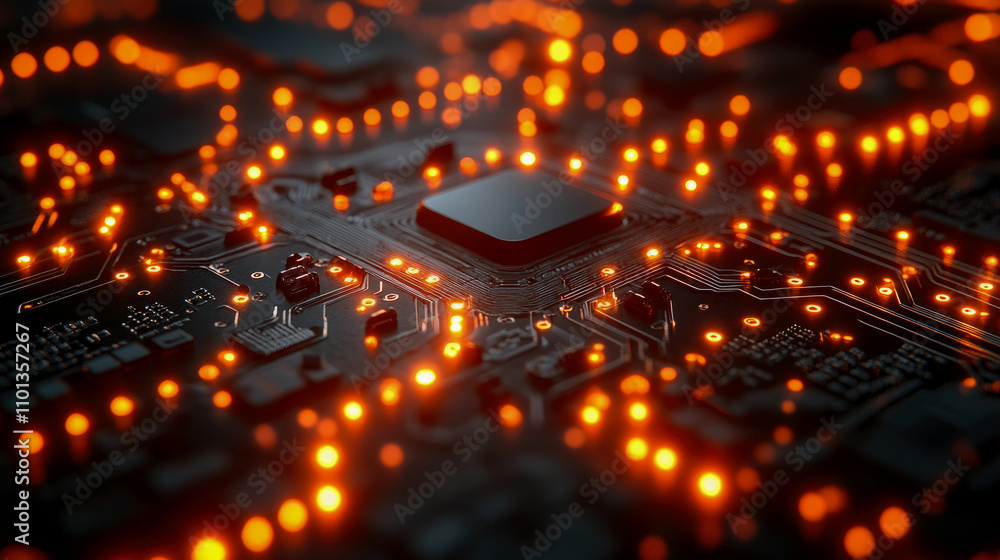 Poster circuit board features glowing orange lights and complex pathways, highlighting the advanced technol