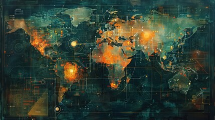 Fototapeta premium A stylized world map with digital elements and glowing effects, suggesting technology and data.