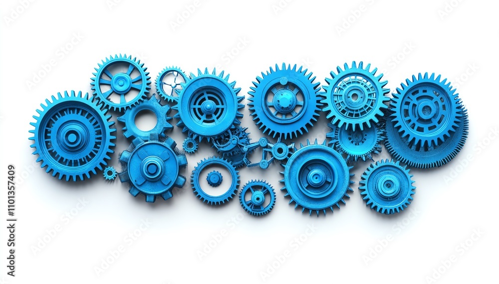 Poster multiple blue gears interlocked on a clean white background, symbolizing technology and complex proc