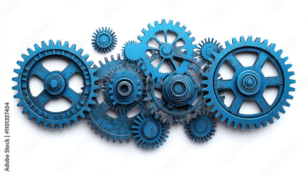 Poster multiple blue gears interlocked on a clean white background, symbolizing technology and complex proc