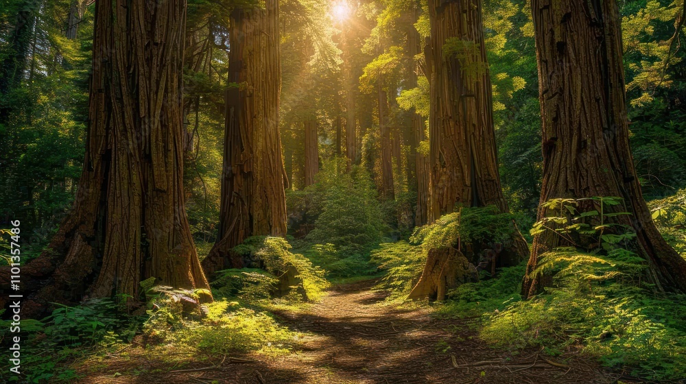 Poster a serene forest path illuminated by sunlight, surrounded by towering trees and lush greenery.