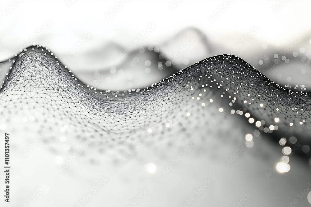Poster abstract representation of waves with shimmering particles in a minimalist design