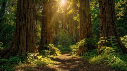 Obraz premium A serene forest path illuminated by sunlight, surrounded by towering trees and lush greenery.