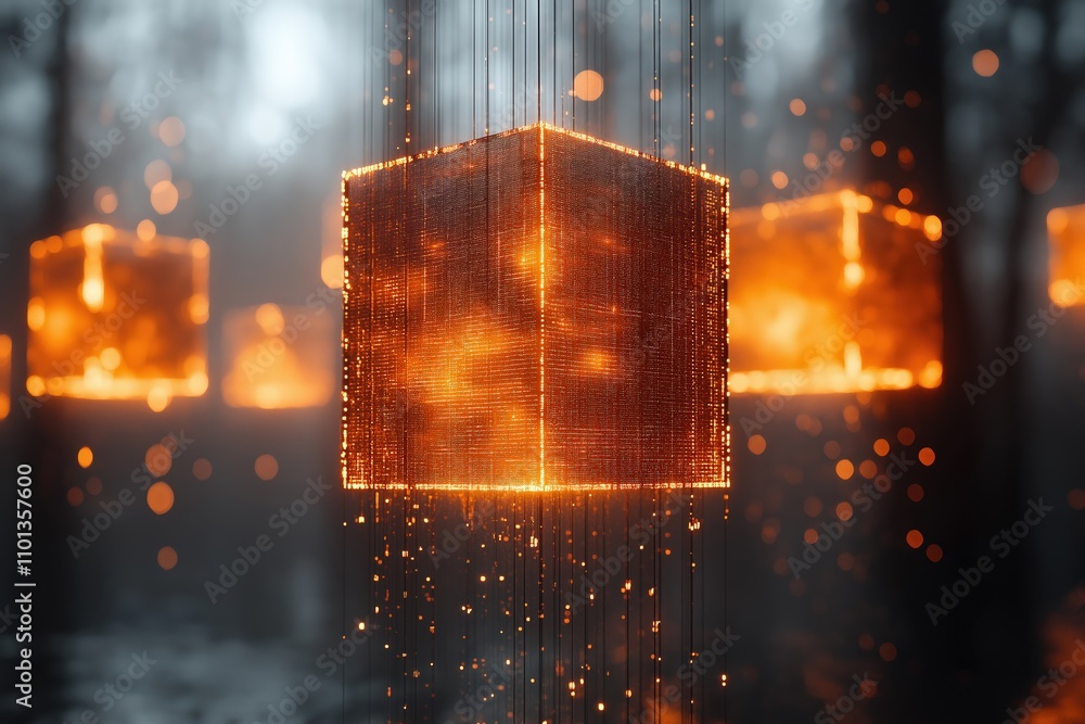 Poster floating glowing cubes create an ethereal atmosphere in a misty forest setting