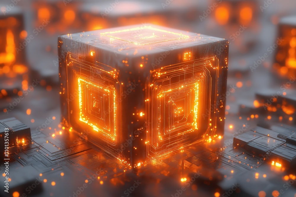 Poster digital cube glowing with intricate circuits in a futuristic landscape