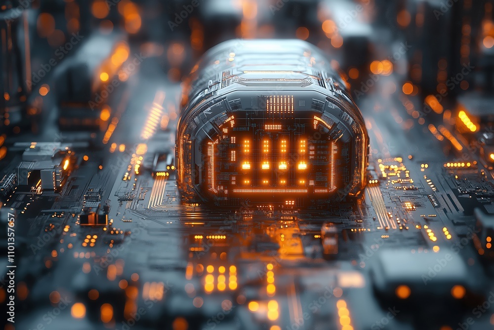 Poster exploring the intricate design of a futuristic circuit board with glowing components