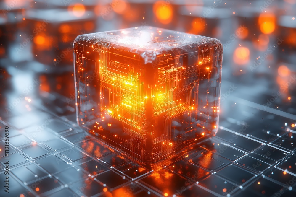 Poster illuminated digital cube with intricate circuitry design glowing in a futuristic space