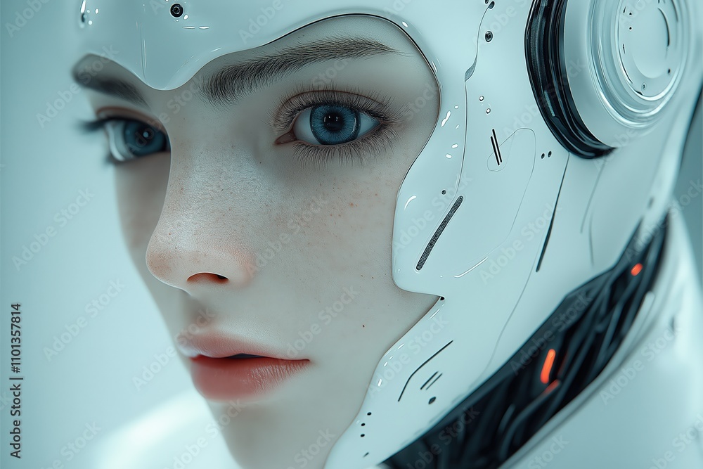Poster close-up view of a futuristic humanoid robot with intricate facial details and design elements