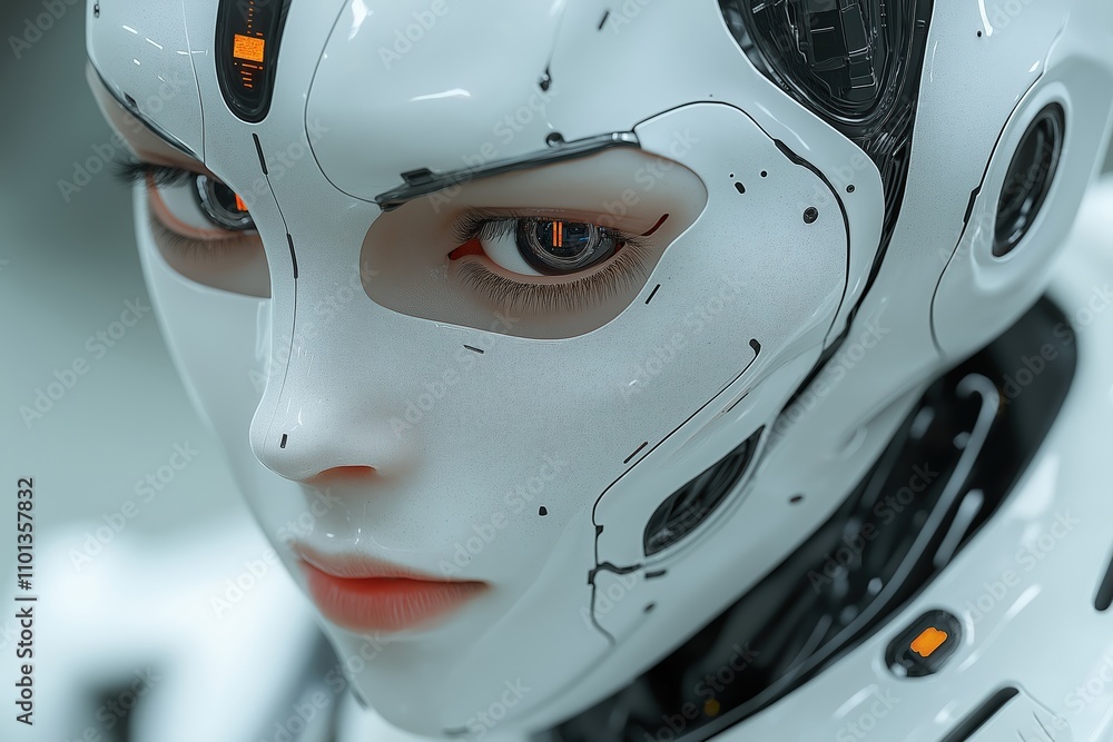 Poster close-up view of a humanoid robot showcasing advanced features and intricate design elements
