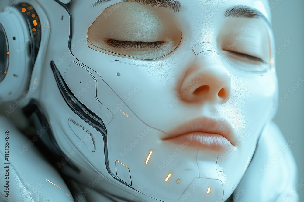 Poster futuristic humanoid robot with serene expression and advanced facial features
