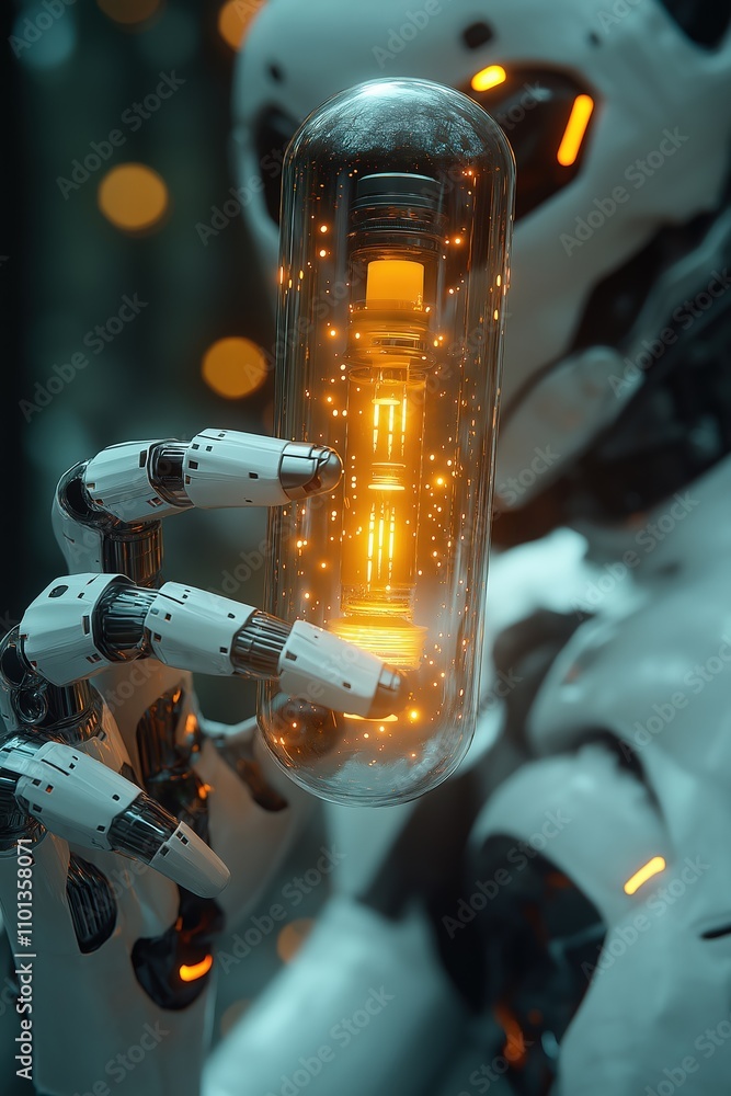 Poster robot holds glowing capsule in a futuristic setting with ambient lighting effects