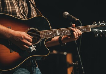 Obraz premium Young man playing acoustic guitar on stage under spotlight