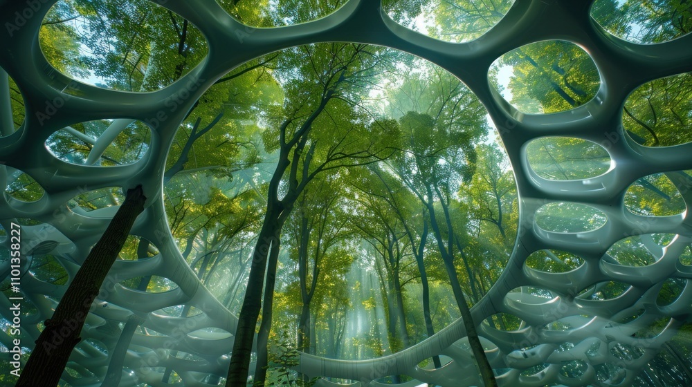 Poster a futuristic forest structure with organic forms, blending nature and architecture.