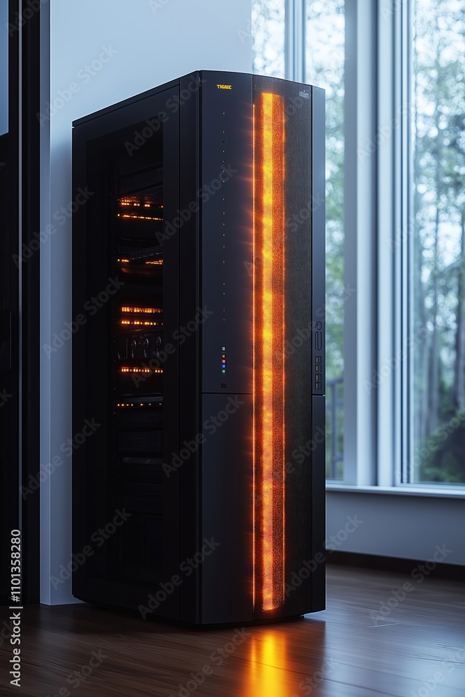 Poster Modern AI server with glowing elements in a stylish interior environment