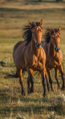 Obraz premium Galloping brown horses on open prairie in summer with vibrant green grass and clear blue sky