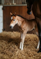 Obraz premium Newborn foal standing in barn with straw bedding
