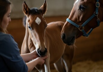 Woman cares for young foal and adult horse in barn