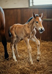 Fototapeta premium Newborn foal standing on straw in barn with warm lighting