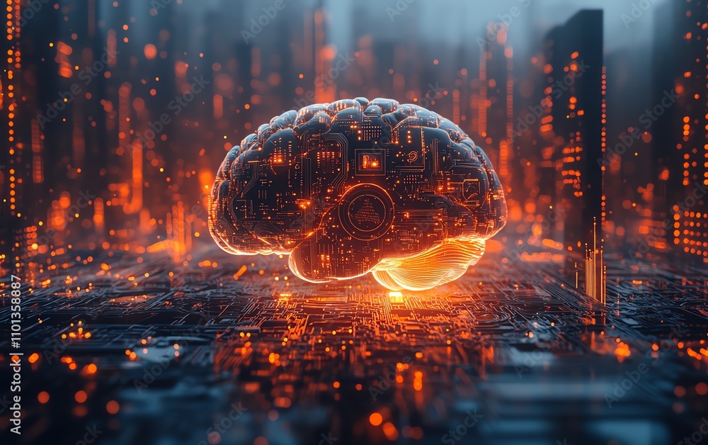 Poster 3d ai brain with datadriven business icons like graphs, gears, and tech symbols, light backdrop, sho