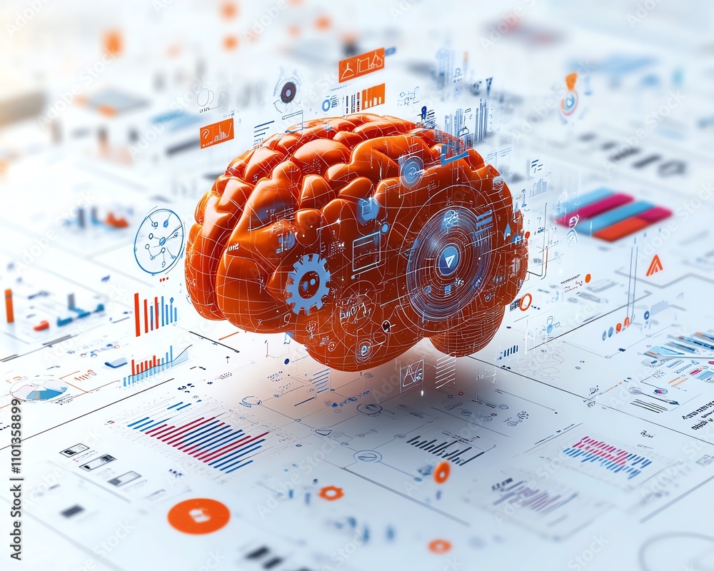 Poster 3d ai brain surrounded by business and technology icons like gears, graphs, and data points, light b