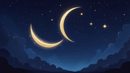 Fototapeta premium A glittering crescent moon and stars against a dark blue night sky, creating a magical and celestial atmosphere.