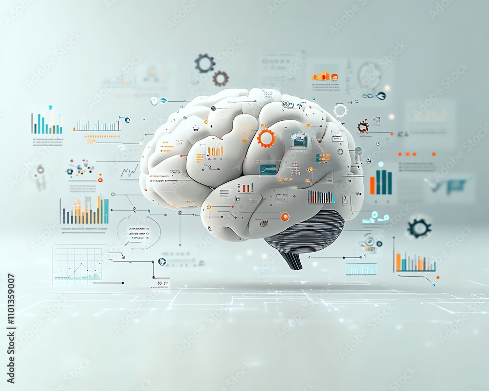 Poster 3d ai brain with integrated business icons such as graphs and gears, light background, representing 
