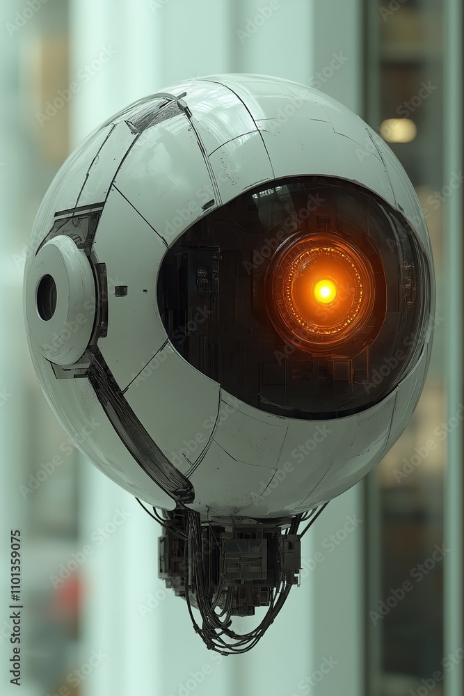Poster advanced ai orb with glowing eye in a modern tech environment