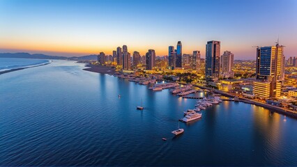 Obraz premium Generative AI, Coastal Cityscape at Sunset with Glass Skyscrapers and Ocean Views