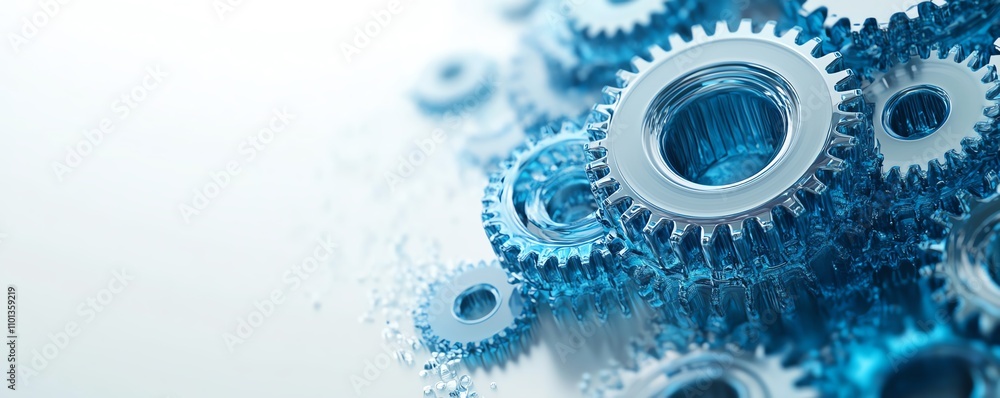 Poster 3d blue gears on a white background, creating a visual representation of interconnected technology a