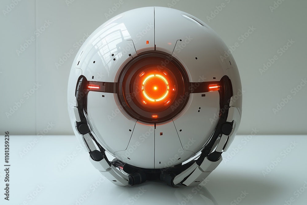 Poster advanced ai robotic sphere with a glowing core and articulated arms on a neutral background
