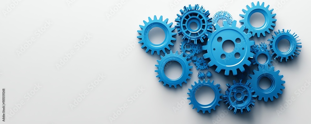 Poster 3d blue gears on a white background, creating a visual representation of interconnected technology a
