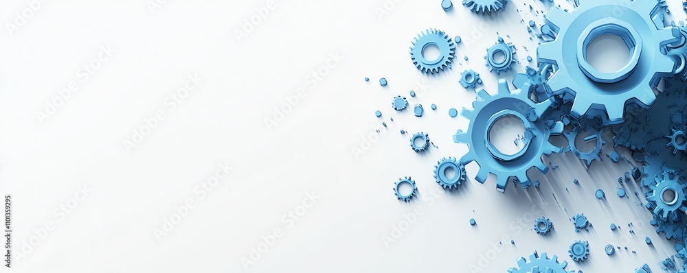 Poster 3d blue gears on a white background, creating a visual representation of interconnected technology a