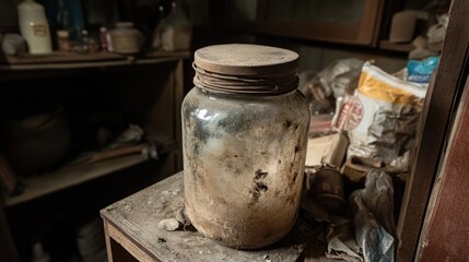 Fototapeta premium Dusty Glass Jar on a Table Surrounded by Untidy Old Items