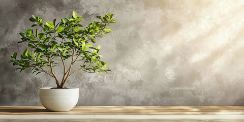 minimalist interior featuring potted plant on wooden table, with soft sunlight illuminating scene, creating serene atmosphere