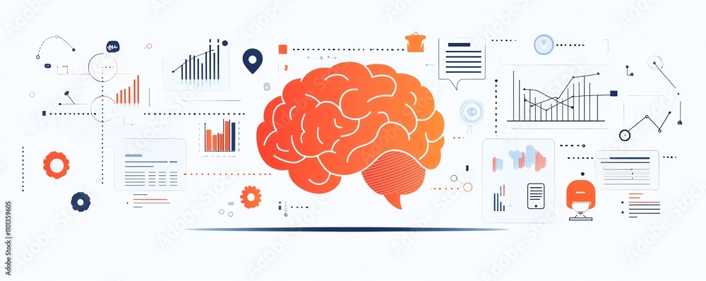 Poster 3drendered ai brain with business and technology icons like graphs and gears on a light background, 