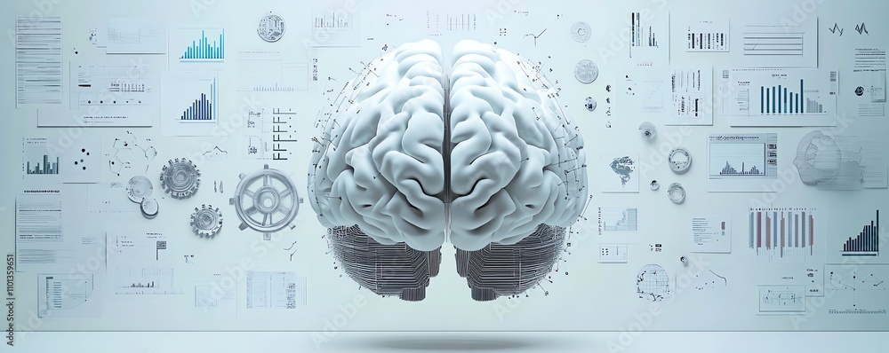 Poster 3drendered ai brain with business and technology icons like graphs and gears on a light background, 